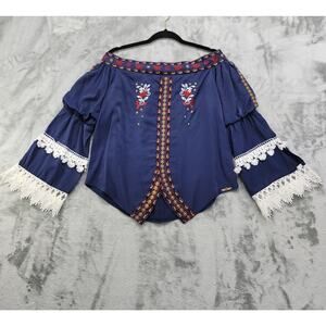 I Too Fashion Top Womens Size L Blue Embroidered Lace Bell Sleeve Off Shoulder